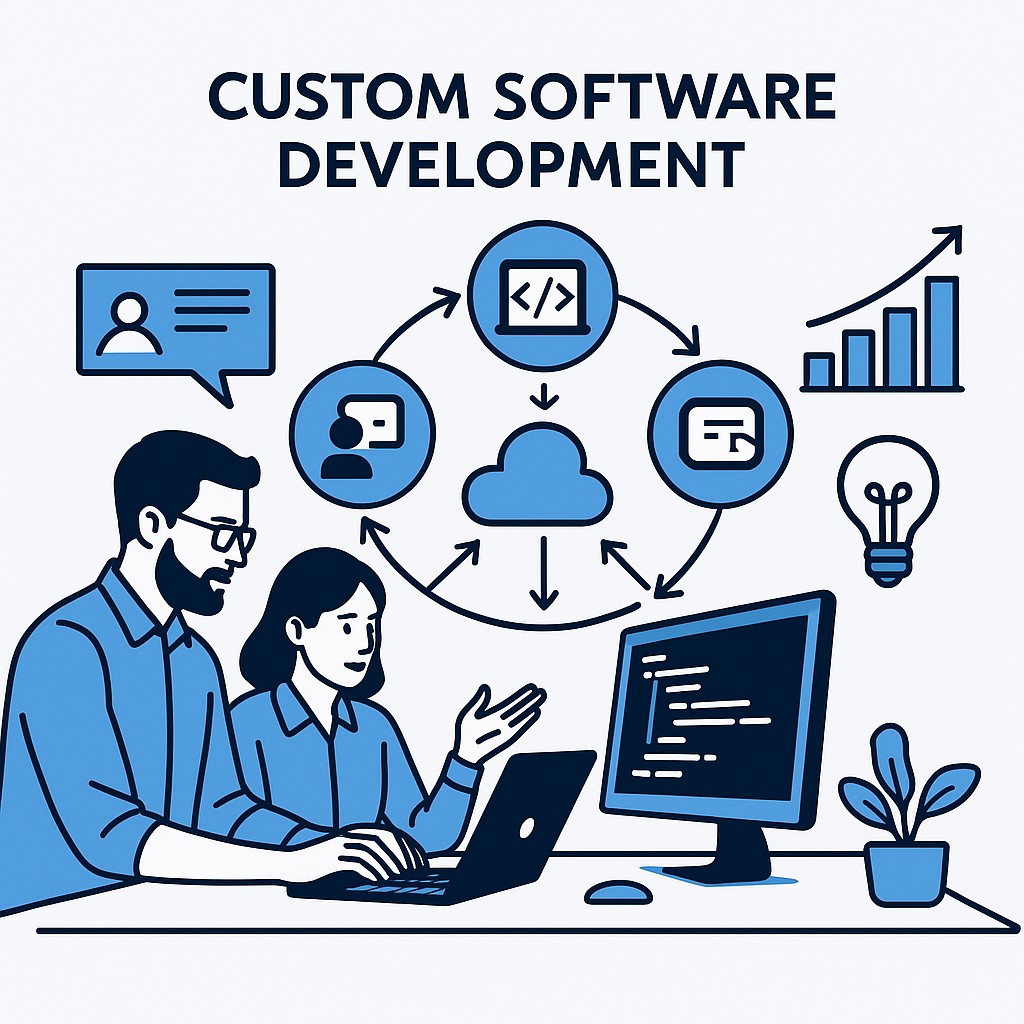 Business team collaborating on custom software development with code snippets and growth icons